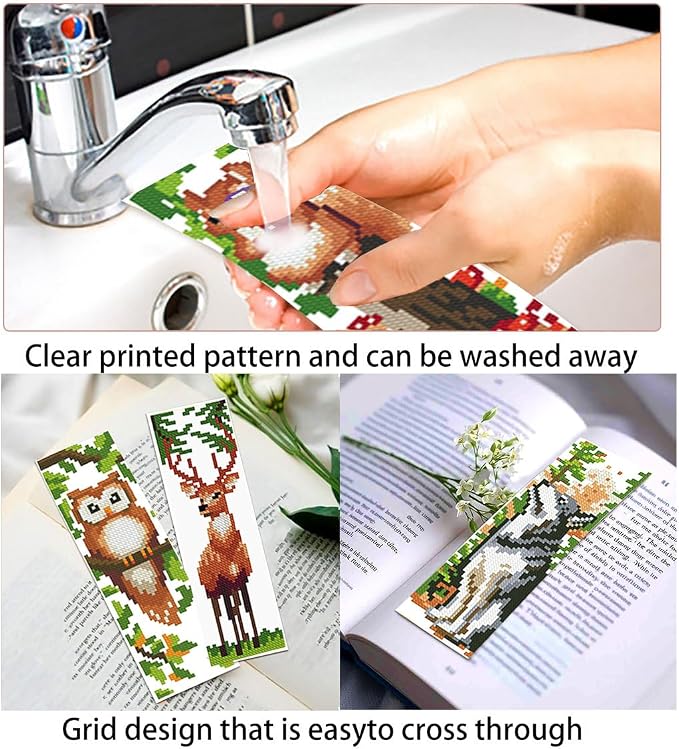 Zhenqing Woodland Animal Stamped Cross Stitch Bookmark Kit, 6 Fox, Squirrel, Owl, Deer and Wolf Designs on 11CT Printed Fabric for Adults and Beginners, DIY Reading Gift for Book and Nature Lovers