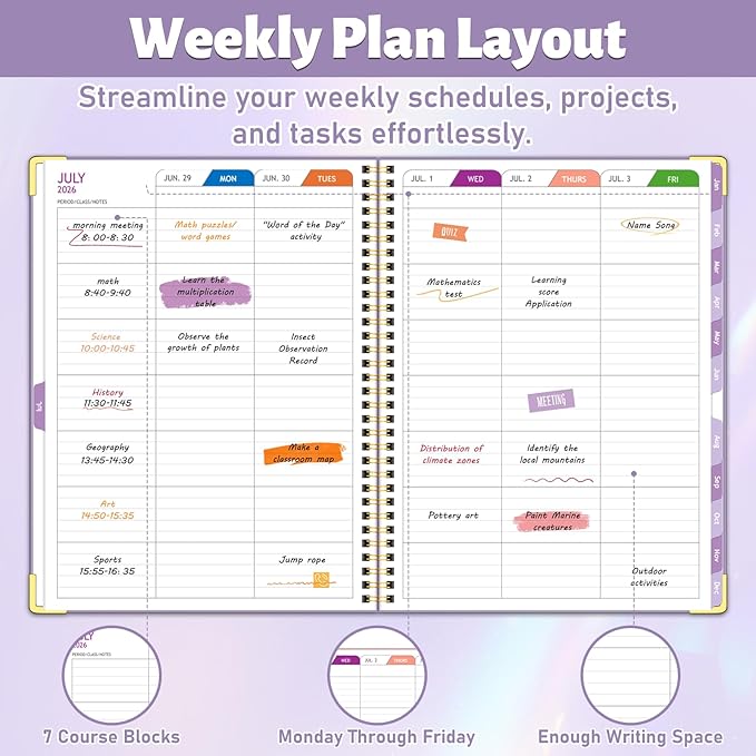 Teacher Planner 2026-2027, Jul 2026-Jun 2027 Academic Year, 8.5" x 11" Lesson Planner Book for Teachers Calendar, Spiral Bound Planners, Colorful Monthly Tabs, Hardcover, Corner Protectors - Purple