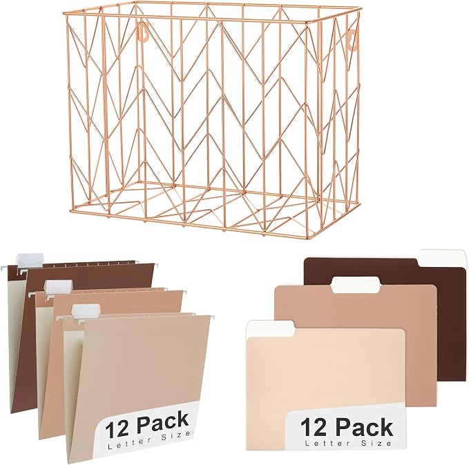 Y YOMA Hanging File Organizer, Letter Size Rose Gold Metal Desk File Crate Storage Basket for Home Office, 1 Pack, with Coco Mocha Folder Combo