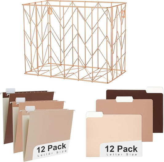 Y YOMA Hanging File Organizer, Letter Size Rose Gold Metal Desk File Crate Storage Basket for Home Office, 1 Pack, with Coco Mocha Folder Combo