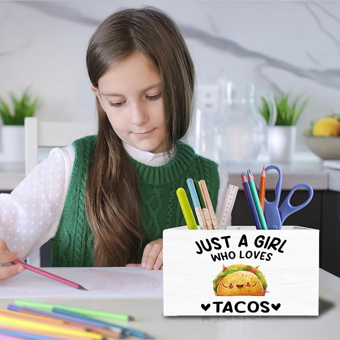 Mexican Taco Pen Holder for Desk, Gifts for Taco Lovers Pencil Organizer, Just a Girl Who Loves Tacos Wooden Box Sign Desk Decor for Home Office Decoration
