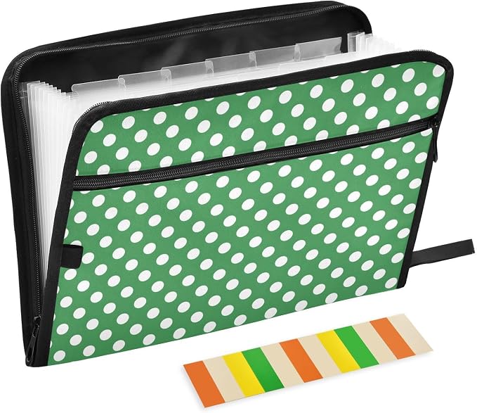 ALAZA Polka Dot Green White 13 Pocket Expanding File Folder with Labels, Accordion File Folder File Organizer Letter A4 Paper for Office School Student