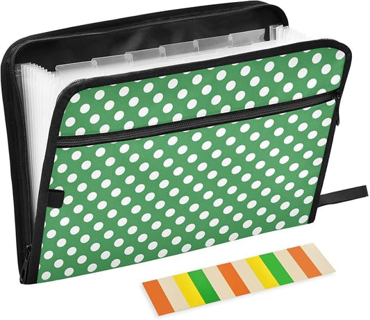 ALAZA Polka Dot Green White 13 Pocket Expanding File Folder with Labels, Accordion File Folder File Organizer Letter A4 Paper for Office School Student