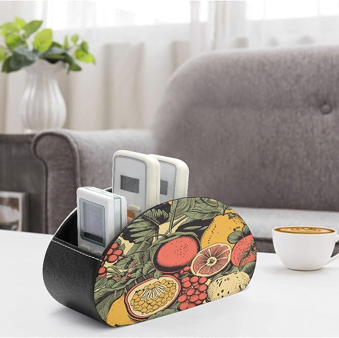 Remote Control Holder,Fruits And Leaves Printed PU Leather Remote Caddy Desktop Organizer with 5 Compartments for Media Accessories & Office Supplies Storage