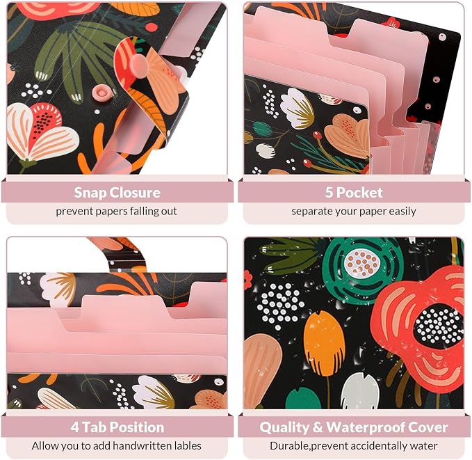 SKYDUE Expanding File Folder with 5 Pockets, Floral Accordion File Organizer for Important Document, Portable Receipt Paper Organizer, School Office Supplies Black