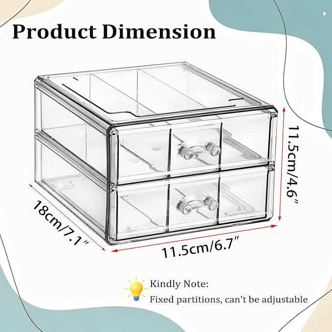 BTSKY Stackable Desk Organizer with 2 Layer Drawers, Clear Acrylic Drawer Organizer for Stationary Accessories, Medicine Cabinet, Vanity and Office Desk, Small Desktop Storage Box with 6 Grids