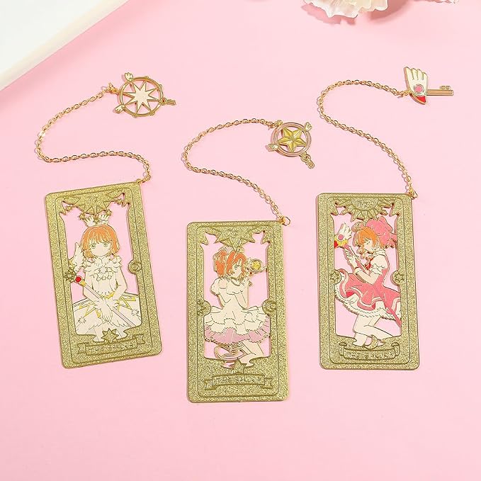 Card Captor Anime Metal Book Mark- Pink Sakura Hollow Out Metal Bookmarks Gift for Girl Book Lovers Anime Fans Collection Christmas Valentine Ideal Marker for Reading Stationery (3 Style)