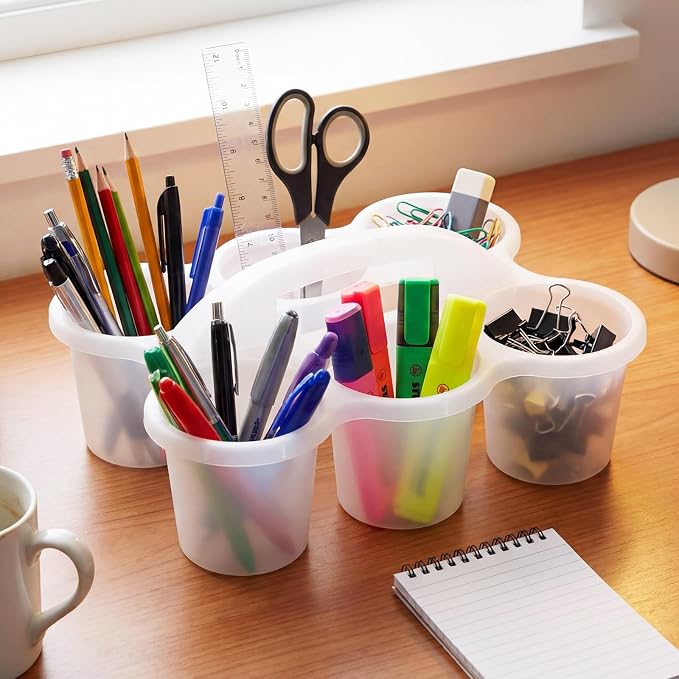 Reallnaive 6 Pack Classroom Caddy Plastic Cup Crayon Pen Holder with Handle, 6-hole Cup Storage Art Caddies Table Organizer for Drink Delivery Pencil Pen School Office Art Crafting (Clear)