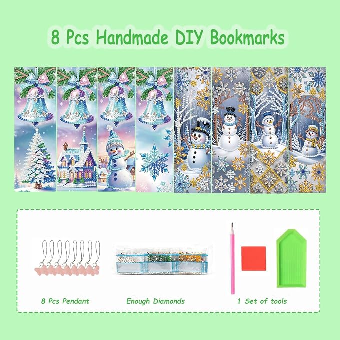 8 Pcs 5D Diamond Art Bookmarks for Reading Lovers, Handmade DIY Diamond Painting Book Marks with Tassels for DIY Making Beginners Adults Arts Craft Supplies (Snowman)
