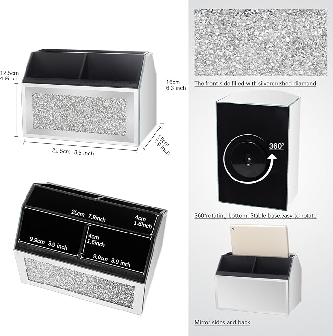 360 Rotating TV Remote Control Holder Storage Caddy for Pad Phone Pen and Pencils, Makeup Brush, Silver Crushed Diamond Desk Organizer for Bedroom Livingroom