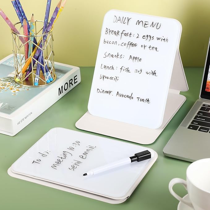 Dunzoom 2 Pcs Small Glass Desktop Whiteboard with Reversable Stand 8 x 6 Inch Mini Dry Erase White Board Easel with 2 Markers Reusable Desk Notepad for Home Office School Supplies (White)