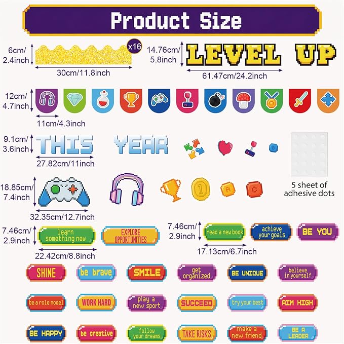 Video Game Bulletin Board Set Growth Mindset Classroom Decoration Level up This Year Bulletin Board Positive Affirmation Inspirational Game Cutouts for Back to School Chalkboard Wall Decor