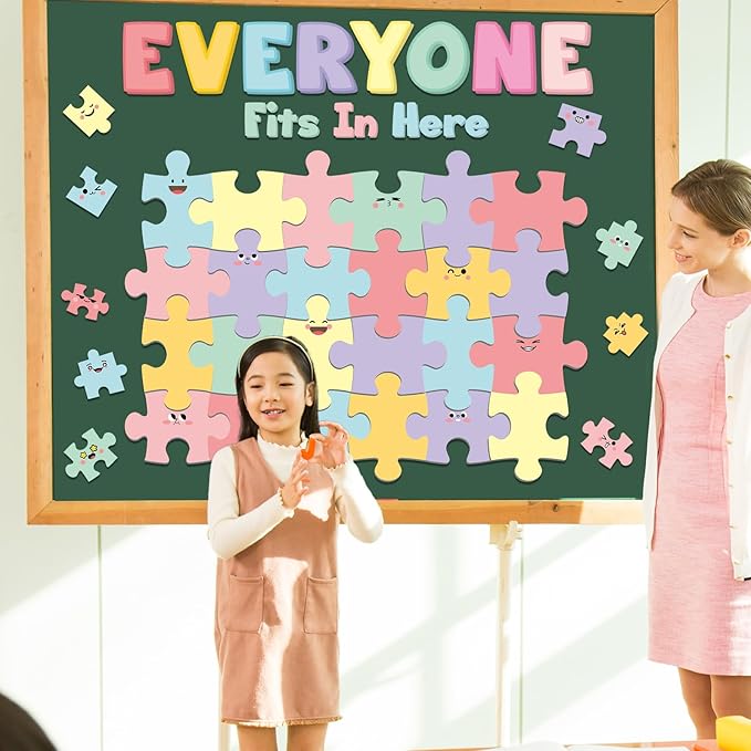 Pastel Welcome Bulletin Board Classroom Decoration Macaroon Puzzle Pieces Cutouts Bulletin Board Set for Wall Art Back to School Decor Educational Teacher Student Supplies Class Home Door Decoration