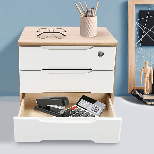 3-Tier Desk Organizer with Lockable Drawers,1 Locks & 2 Keys, Categorized Storage Desktop File Cabinet,Wooden Desktop Storage Box (Wood Color, White)