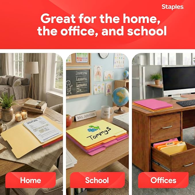 Staples File Folders, Letter Size, 1/3‑Cut Tabs, Assorted Colors, Durable 10.5‑Point Paper Stock, 100/Pack