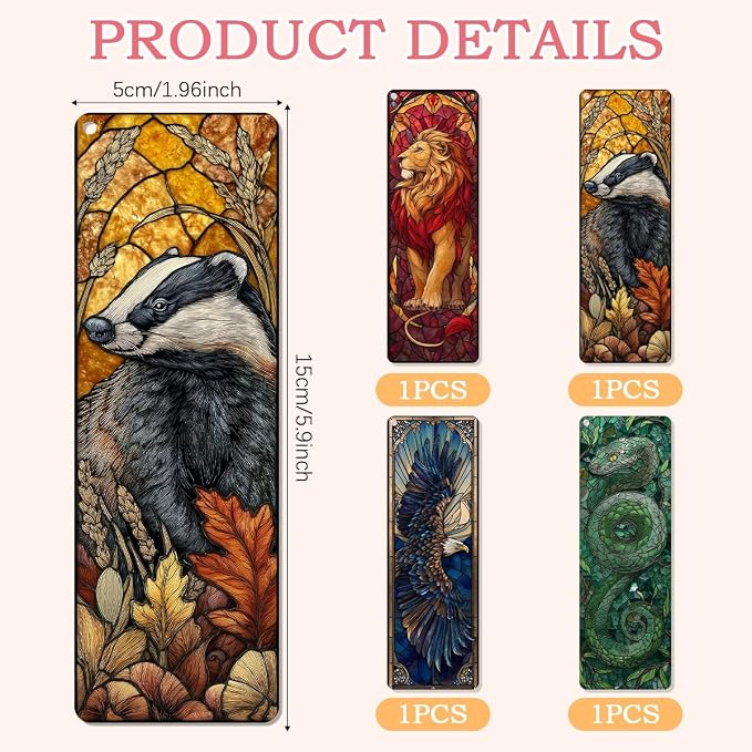 4 Pcs Stained Glass Animal Bookmarks for Women Men, Magic Transparent PVC Bookmark with Tassels, Fantasy Reader Gift, Cool Book Marks Accessories for Reading Lovers Bookish