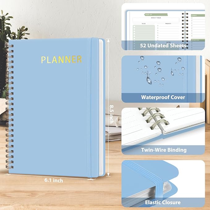Undated Weekly Planner, Weekly To Do List Notebook with Goal, Organizer & Habit Tracker, A5 Daily Planner with Spiral Binding, Ideal for Office School Suppies