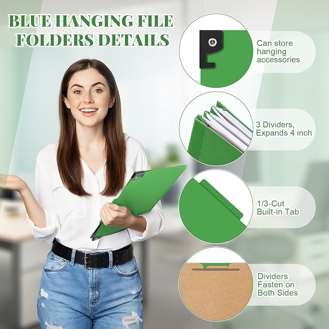 Henoyso 10 Pcs Hanging Classification File Folders, Letter Size Green Pressboard Folders with 3 Dividers, 8 Fasteners, 4 Inch Expansion, 1/3-cut Top Tab for Medical Records and File Cabinet Organizer