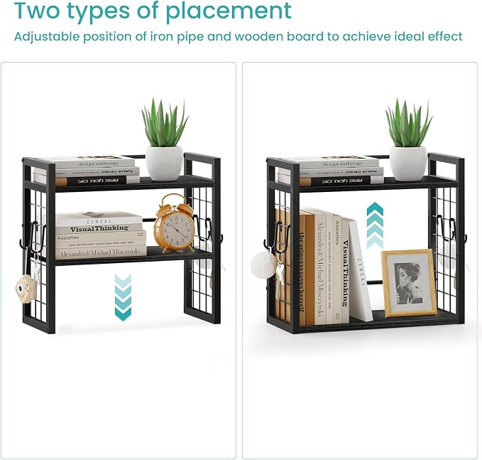 ELITEROO Desk Shelf Organizer, 2 Tier Desktop Bookshelf for Top of Desk Organization, Adjustable Wooden Storage Rack, Table Top Display Shelf for Home Office, Bedroom, Black
