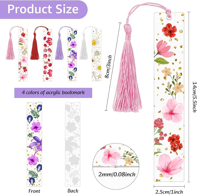 4 Pieces Acrylic Dried Flower Bookmark, Transparent Pressed Flower Bookmarks Dried Floral Book Markers Handmade Floral Page Marker with Tassel Cute Bookmark for Reading Lover Students Teachers