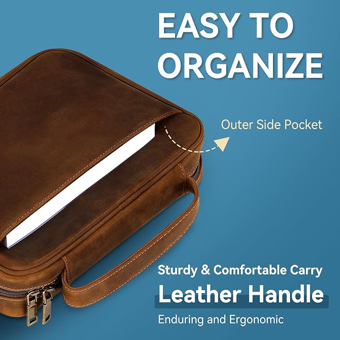Genuine Leather Bible Cover Cowhide Bible Case for Men Women Church Bag Protective Book Holder with Double Zippers Full Grain Leather Portfolio Organizer Bible Carrying Case with Handle