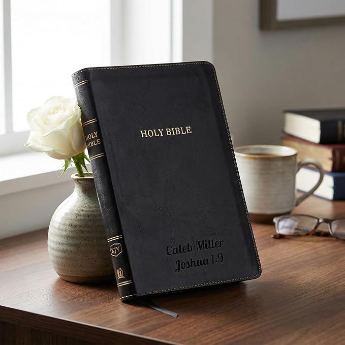Printualist Personalized KJV Thinline Holy Bible with Name Engraved, Red Letter King James Version, Faux Leather Black Cover, Custom Gift Bible for Christian Celebrations