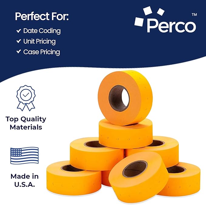 Perco 1 Line Fluorescent Orange Labels - 80 Rolls, 10 Sleeves, 80,000 Blank Price and Date Gun Labels for Perco Lite, X, Plus and Pro 1 Line Price and Date Guns - Made in USA