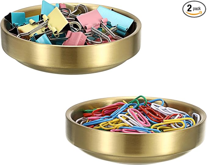 BTSKY 2 Pack Flat Golden Paper Clip Holder, Stackable Desk Organizer Metal Storage Bowl for Small Office Supplies Paper Clips & Tiny Parts, Cute Round Jewelry Storage for Office Bathroom Vanity