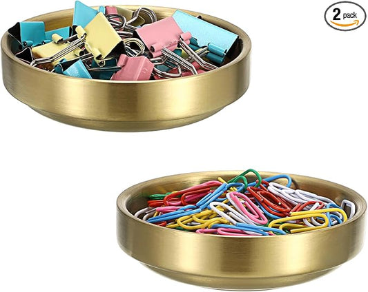 BTSKY 2 Pack Flat Golden Paper Clip Holder, Stackable Desk Organizer Metal Storage Bowl for Small Office Supplies Paper Clips & Tiny Parts, Cute Round Jewelry Storage for Office Bathroom Vanity