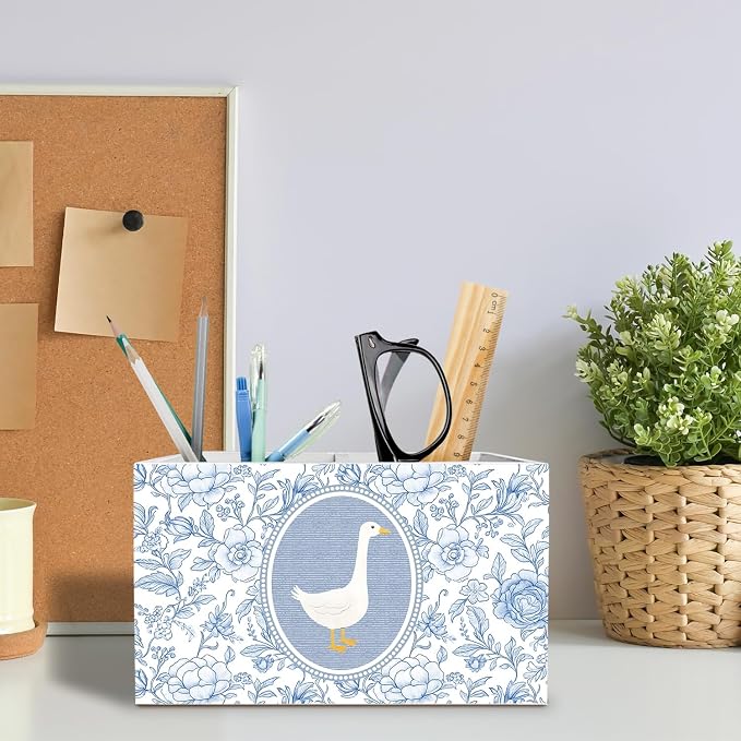 Blue Chinoiserie Floral Goose Pen Holder for Desk, Goose Lover Gifts Pencil Organizer, Vintage Blue and White Flower Wooden Box Sign Desk Decor for Nursery Home Office Decoration