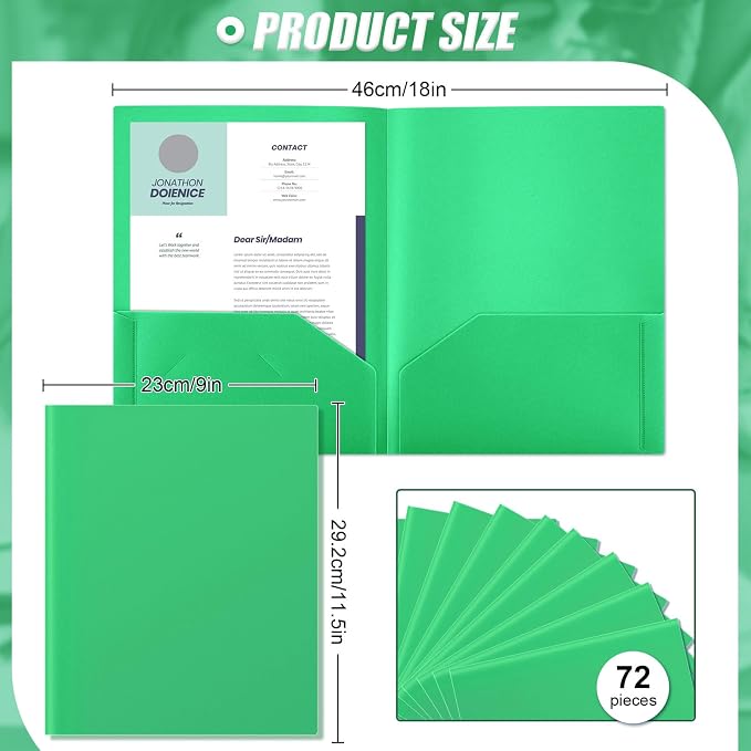 Gueevin 72 Pack Plastic Folder with Pockets, 2 Pocket Folders, Plastic Glossy Folders Fit Letter Size Paper, Heavy Duty Durable File Folder with Business Card for Home Office School (Green)