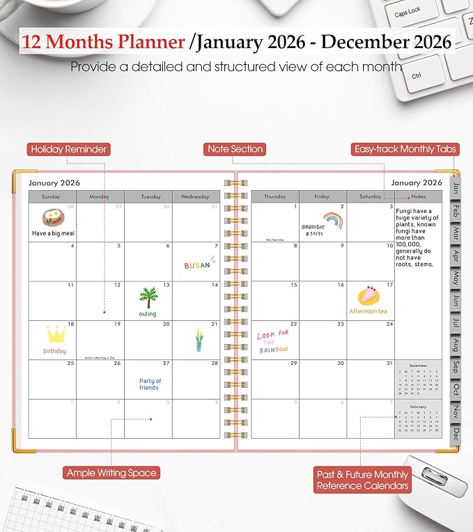 2026 Planner, Weekly and Monthly Calendar Planner from January 2026 - December 2026, 8.5" x 11" Hardcover Leather Hourly Appointment Book with Tabs, Spiral Daily Planners for College School Work Home, Pink