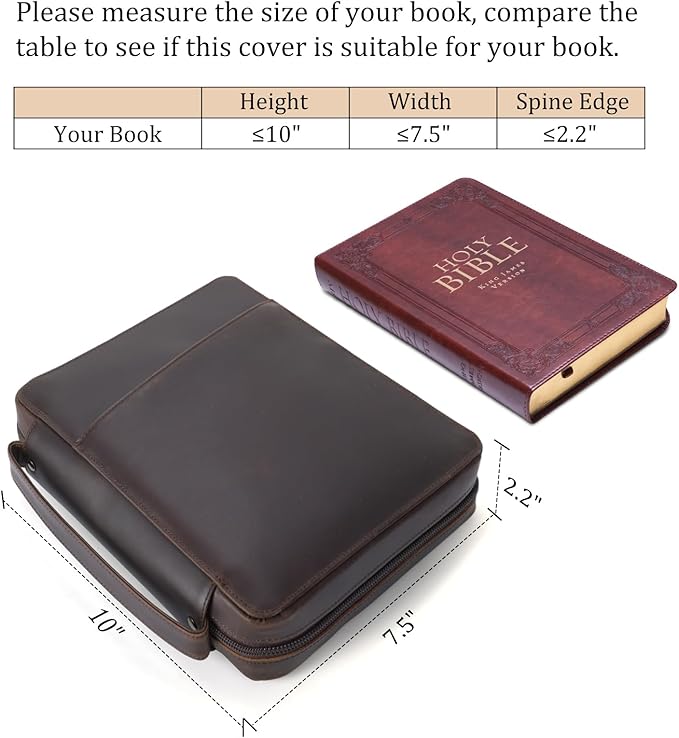 Polare Full Grain Leather Bible Cover Church Bag 10x7.5x2.2 inch Carrying Book Case Bible Protective with Handle and YKK Zippered Pocket (Dark Brown)