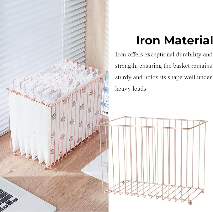 Y YOMA Hanging File Organizer, Letter Size Rose Gold Metal Desk File Crate Storage Basket for Home Office, 1 Pack, I Shaped