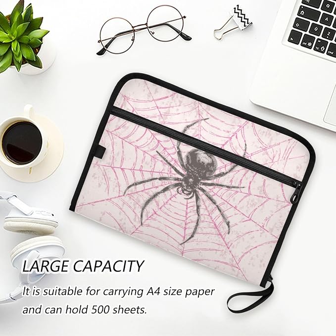 Black Spider on Pink Web Accordion File Organizer Expanding Document Folder with 13 Pockets Portable File Folder for A4 Letter Size