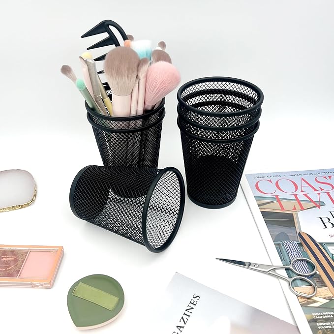 6 Pack Wire Mesh Pen Holder Set – Black Metal Pencil Cups for Desk Organizer, Office & Home Accessories