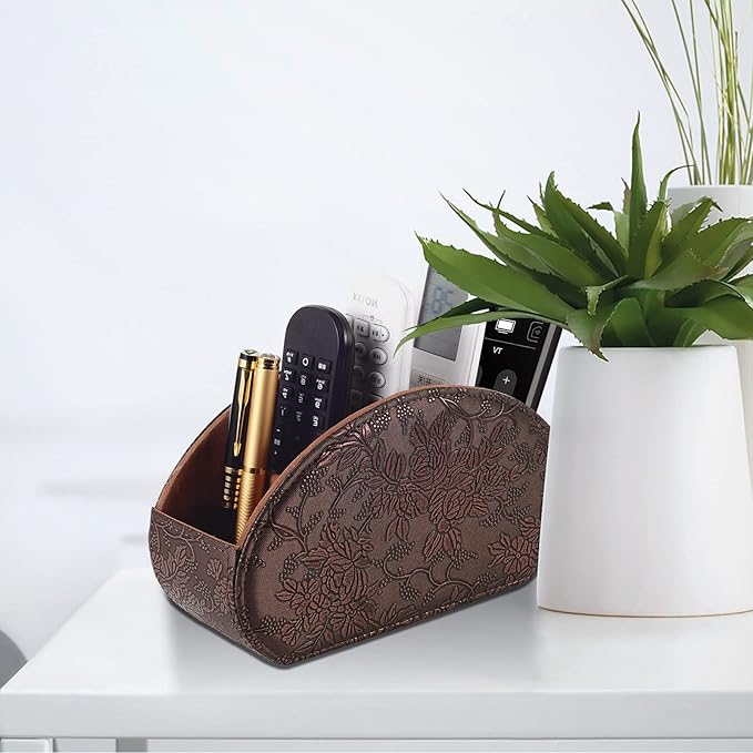 Tv Remote Holder Tray with 5 Compartment,PU Leather Remote Control Holder/Caddy,Placed Media Remote Storage Box/Glasses/Makeup Brush/Office Products/Desktop Organizers Nightstand Decoration (Retro)