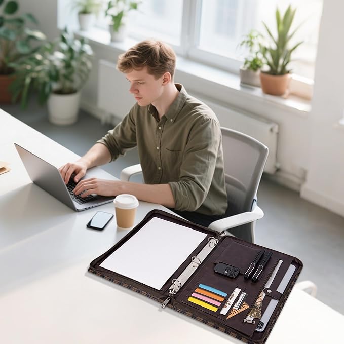 Calfinder Zipper Portfolio Binder,Leather Portfolio 3 Ring Binder,Brown Padfolio for Women and Men,Portfolio Organizer for Documents,Ipad,Card,Legal Pad Holder for Interview (Brown-Grid, Standard)