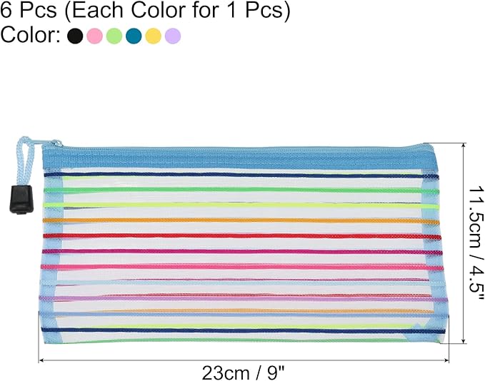 MECCANIXITY Mesh Zipper Pouches, B6 Colorful Pencil Case Document File Bags Storage Organizer for Office Supply Travel Accessory, Multicolor Pack of 6