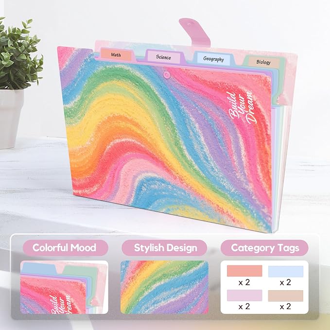 Cute Expanding File Folder - 5 Pockets Accordion Document Organizer, Waterproof Poly Plastic, A4/Letter Size for School Office Home - Rainbow