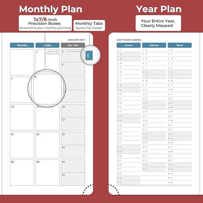 Weekly Monthly 2026-2027 Planner (July 26-Dec 27),6.5"x3.75",18 Months Agenda Plan with Month Tabs & Pocket,Expenses/Note Pages, Academic Calendar with Vegan Leather Cover,Red