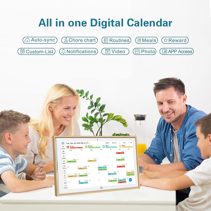 Digital Calendar 15.6 Inch Smart Family Planning & Chore Charts, FHD Smart Touch Screen Home Interactive Electron Calendar,WIFI Sync，Digital Photo Frame Function，Desktop&Wall Planner（Wooden）
