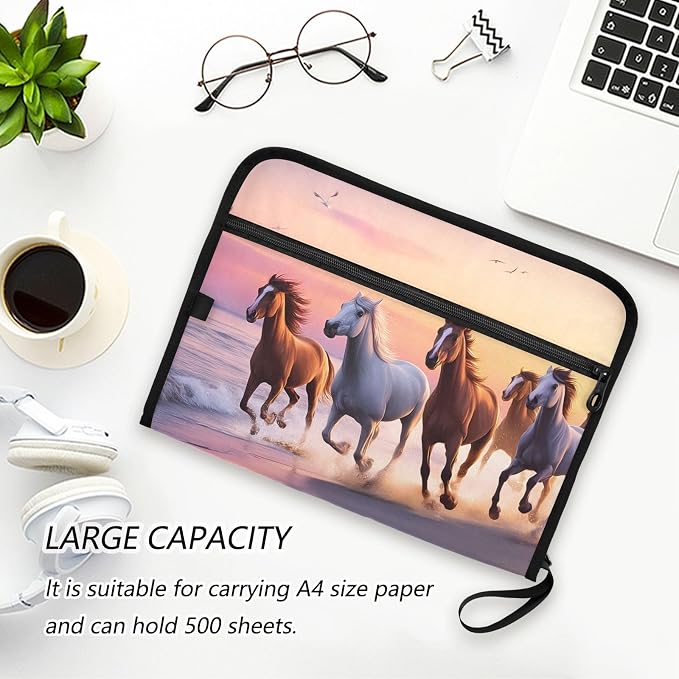 Expanding File Folder Beach Horse Accordion File Organizer 13 Pockets Document Organizer with Zipper Labels A4 Letter Office Storage