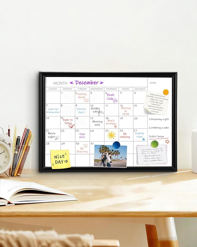 TORASO Dry Erase White Board & Monthly Calendar Board, Magnetic Whiteboard for Wall, Office/School/Home, Hanging Board for Decoration/Kitchen/Memo, Black Wood Frame, 10.5"x 14.5"(YL-BK-2737-A)