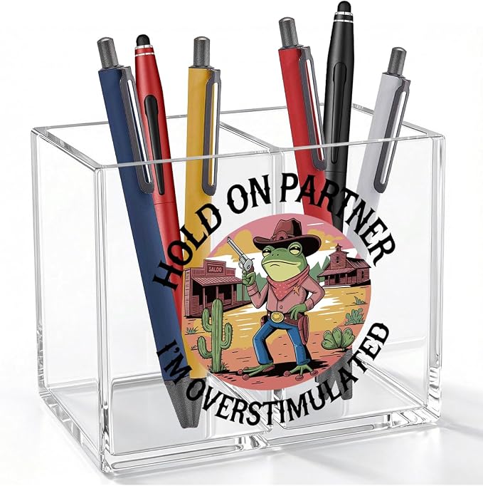 Funny Western Frog Cowboy Acrylic Cosmetic Pencil Pen Holder Hold On Partner I'm Overstimulated Pen Holder Cup Funny Gifts for Women Men Colleague Boss Decor for Home Office Desk Accessories