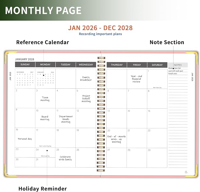 Monthly Planner 2026-2028, Hardcover with Metal Corner 3 year calendar 2026-2027-2028 Calendar Book from Jan 2026 - Dec 2028, 9“ x 11”, Spiral Bound,Organizer for Office, School, and Home, Pink