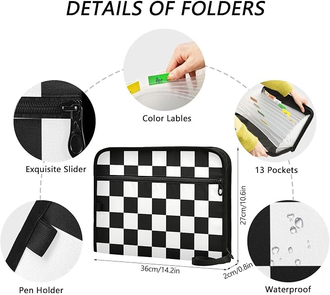 Expanding File Folder White Black Buffalo Plaid Checked Accordion File Organizer 13 Pockets Document Organizer with Zipper Labels A4 Letter Office Storage