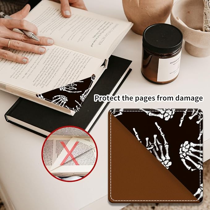 Cute Leather Bookmarks, Fun Triangle Making Corner Bookmark, Book Accessories for Reading Book Lovers, Unbreakable Page Markers for Women Men Cool Rock Skull Hand
