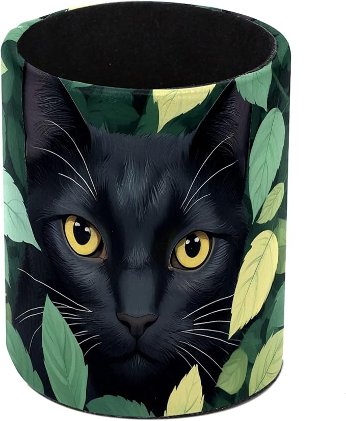 Leather Pen Holder for Desk, Green Leaves Black Cat Makeup Brushes Holder Pencil Cup Multifunctional Desktop Organizer Caddy for Home School Office Desk Accessories