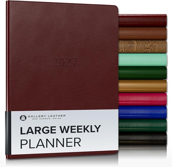 Gallery Leather Large Weekly Monthly Planner 2027, Elegantly Bound Calendar Planner and Notebook with Stylish Gold-Gilded Page Edges, 12 Months - Tremont Garnet - 9.75x7.5"